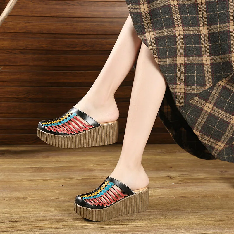 2024 Summer Shoes Female Slippers Closed Toes Hollow Out Handmade Thick Heels Genuine Leather Women Platform Wedges Slides