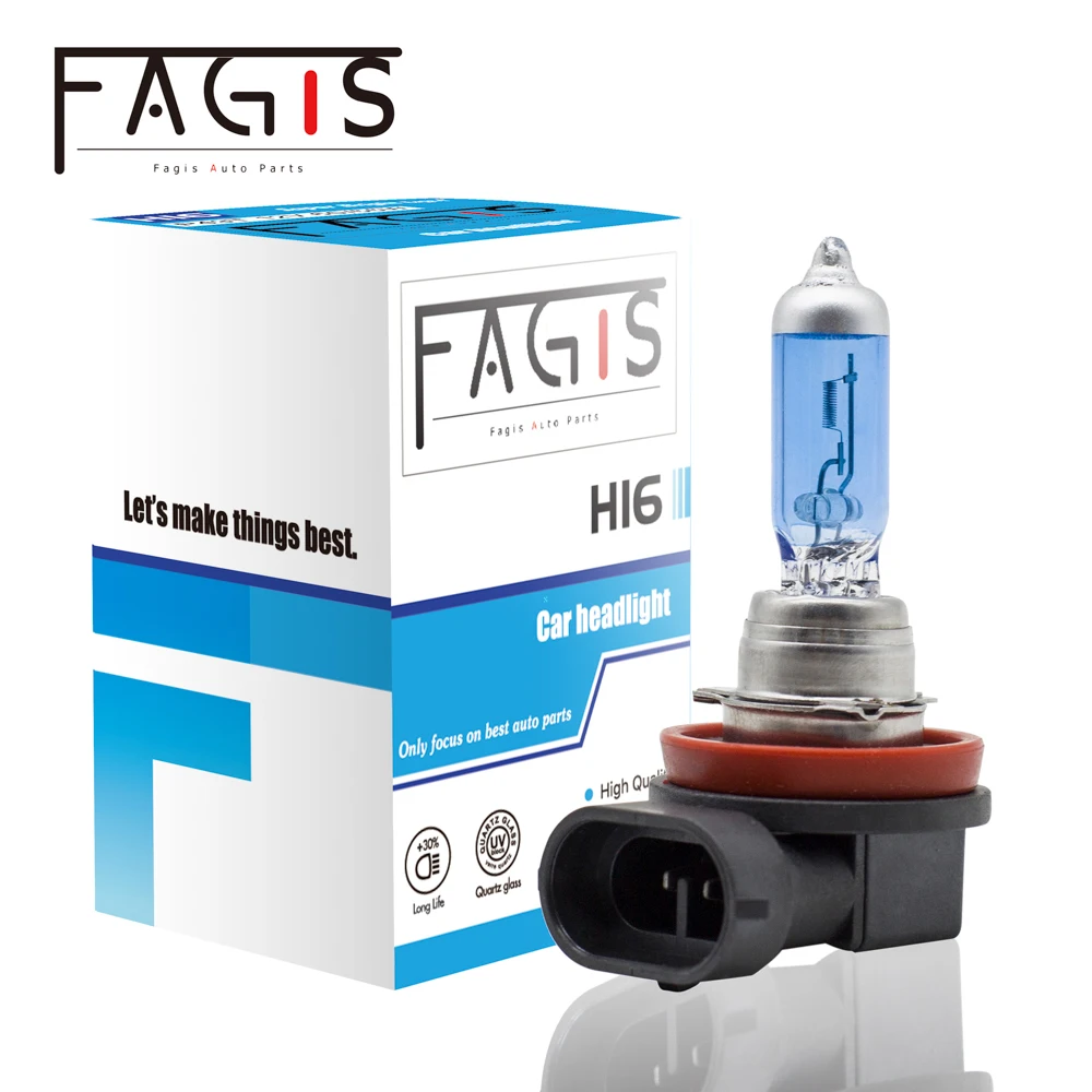 Fagis 2 Pcs H16 12V 19W Super White PGJ19-3 Car Headlight 4800K Auto Halogen Bulb Car Lights Blue Quartz Glass