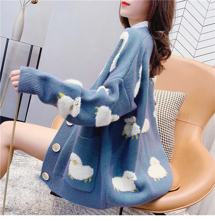 

Женский свободный синий весенний Свитер оверсайз, новинка, вязаный свитер в Корейском стиле для ленивых, кардиган, пальто, Осенний мультяшный свитер