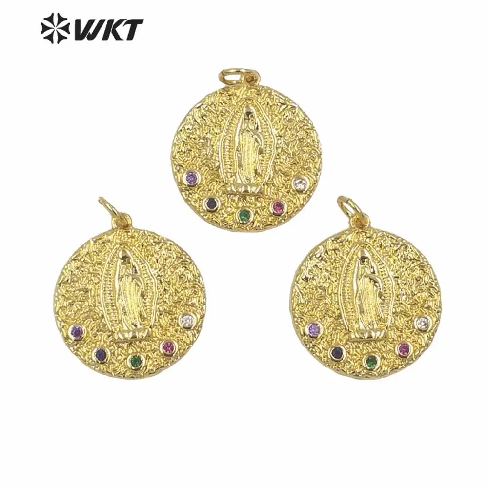 WT-MP146 Wholesale Women Jewelry Pendant Brass Full Gold Electroplated Small Round Religious Virgin Mary Blessed DIY Accessory