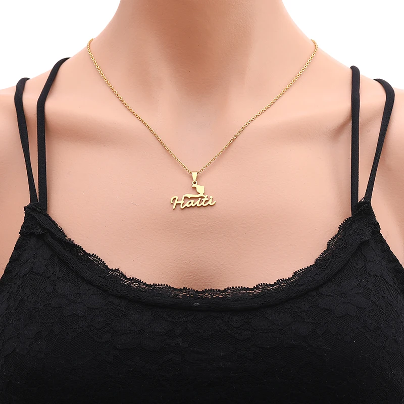 Fashion Haiti Map Falg City Pendant Necklace Gold color Stainless Steel Men Women Country Map Jewerly Repiblik Ayiti Gift