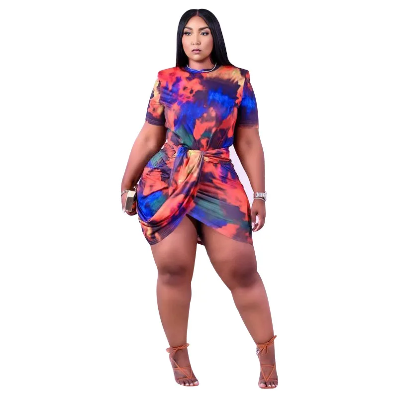 L-4XL women summer clothing 2022 plus size dress fashion sexy tie dye short sleeve irregular mini dresses Wholesale Dropshipping