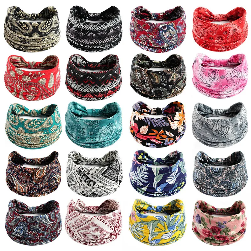 New Boho Flower Print Wide Headbands Vintage Knot Elastic Turban Headwrap for Women Girls Cotton Soft Bandana Hair Accessories