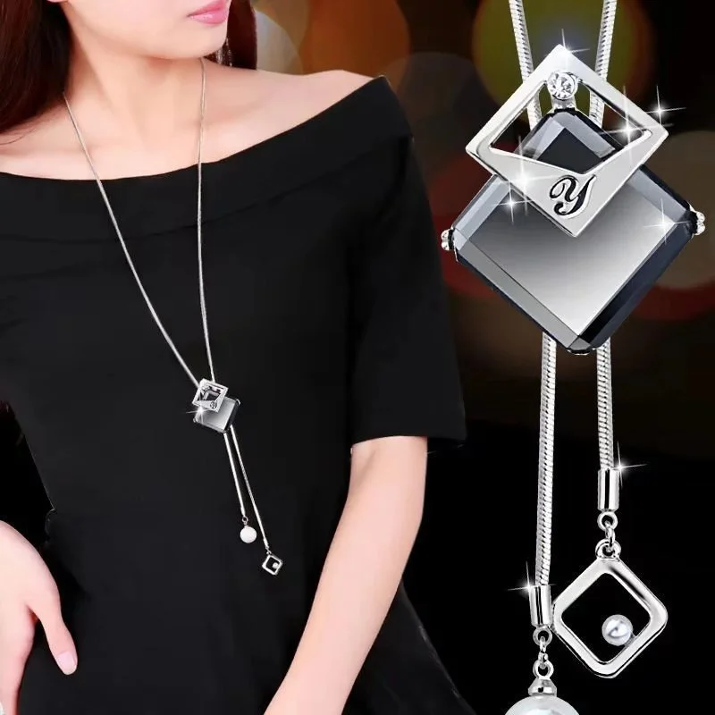 Fashion Crystal Bow Charm Sweater Chain Long Necklace Korean Tassel Zircon Rose Flower Pendant Necklace Jewelry for Women Gifts