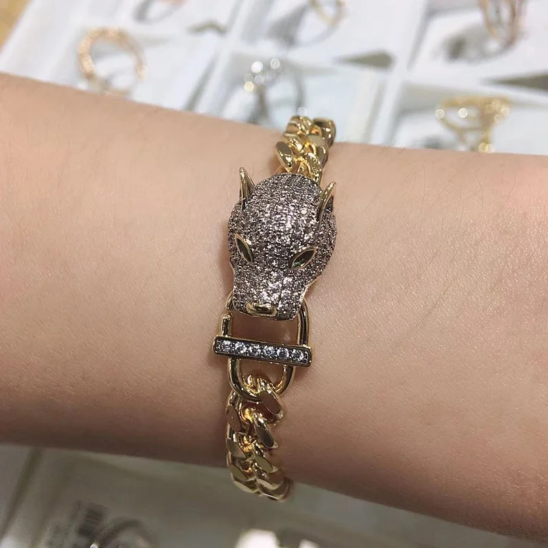 Zlxgirl luxury brand leopard shape animal bracelet for women and men party gifts jewelry fine zircon gold bracelet copper bangle