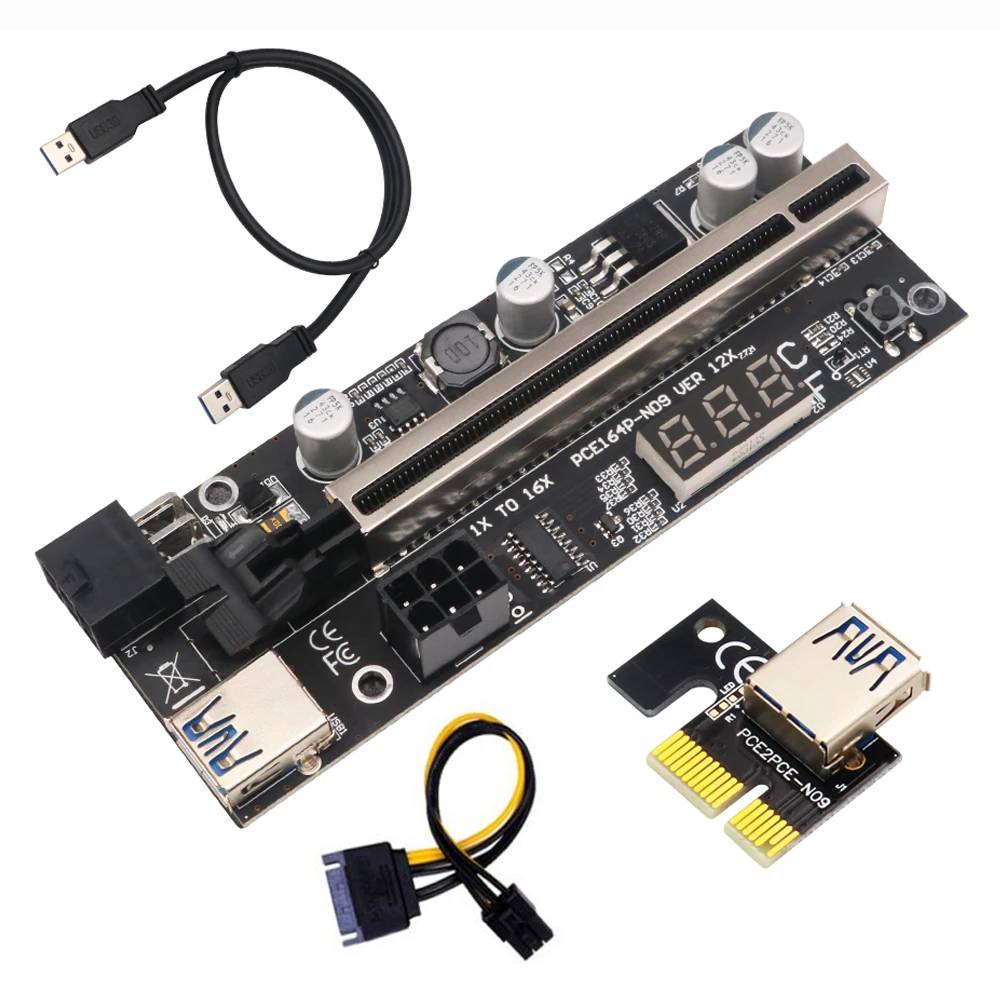 

Newest Version PCIE Riser 1x to 16x Graphic Extension with Temperature Sensor for GPU Mining Powered Riser Adapter Card