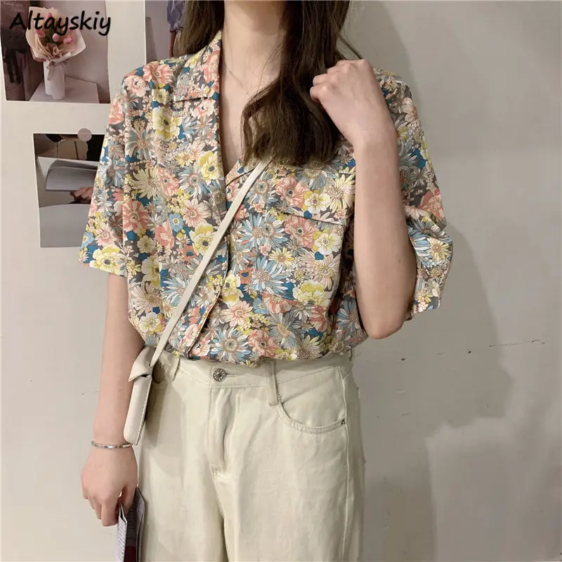 Shirt Women Floral Vintage Turn-down Collar Chic Retro Various Colors Leisure Female Half-sleeve Loose Summer Pockets Popular