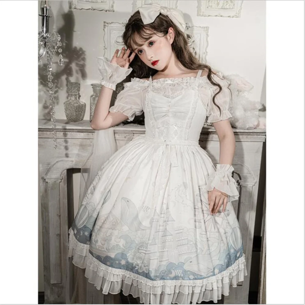 

Soft Girl Lolita Dress Cos Loli Tea Party Short Sleeve JSK Dress Kawaii Bowknot Vestidos Japanese Sweet Palaca Princess