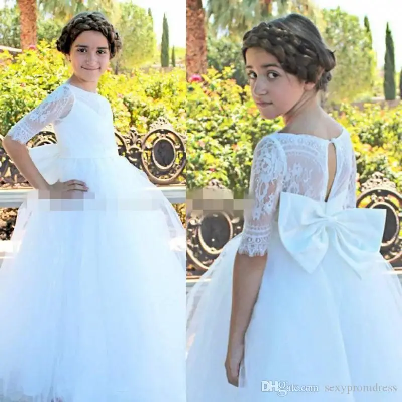 Robe de bal blanche à fleurs pour filles, avec nœud sur le dos, en Tulle, longueur au sol, robes de concours en dentelle, manches courtes, pour enfants