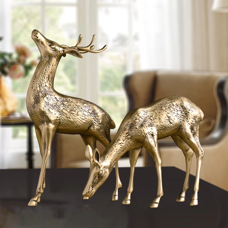 2PCS/SET CREATIVE PURE CUPPER DEER ART SCULPTURE ANIMAL STATUE COPPER CRAFTS LUXURIOUS LIVING ROOM DECORATIONS FOR HOME R3513