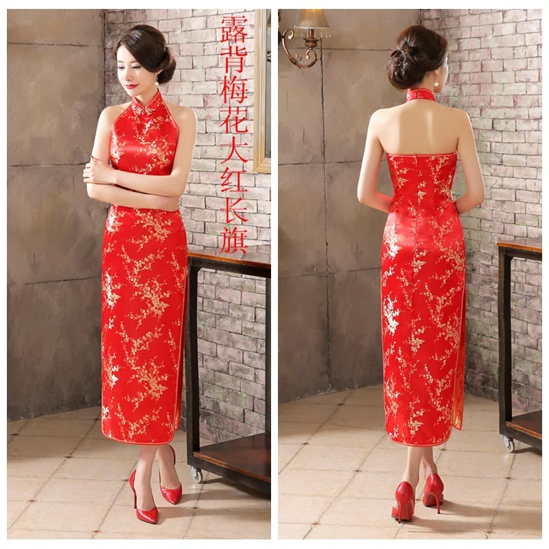 Çin ulusal uzun Cheongsam erik saten Vintage kostüm boyundan bağlamalı elbise sosyetik zarif kadın elbiseler Qipao