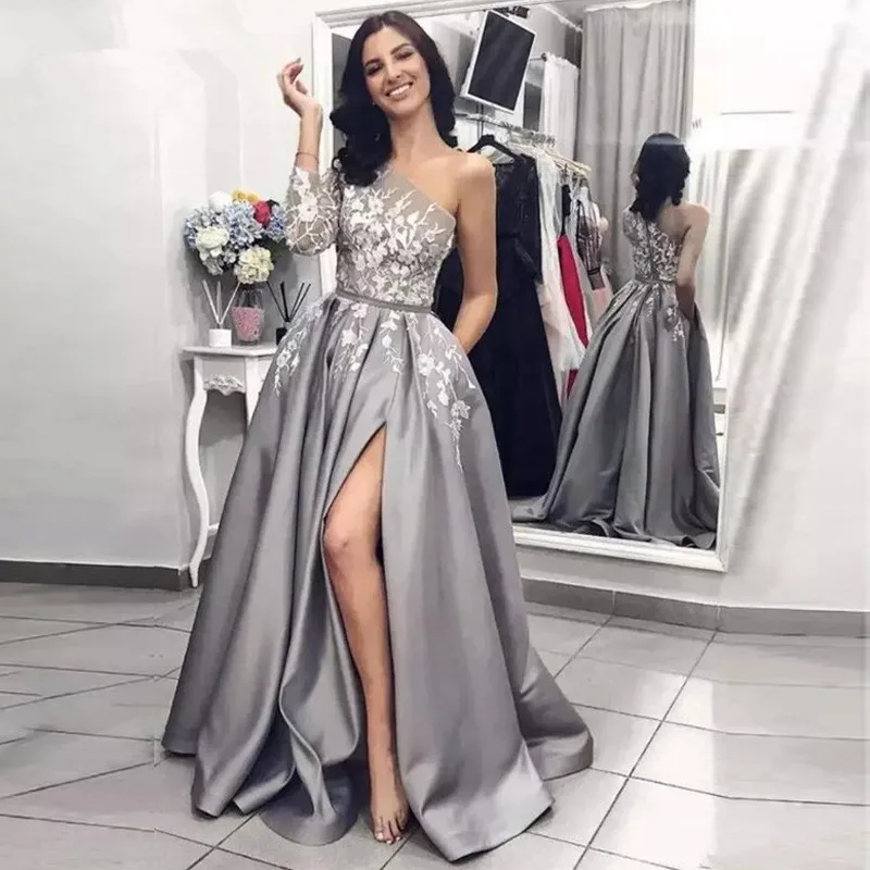 

Gray Muslim Evening Dresses 2019 A-line One-shoulder Appliques Slit Dubai Saudi Arabic Long Evening Gown Prom Dress