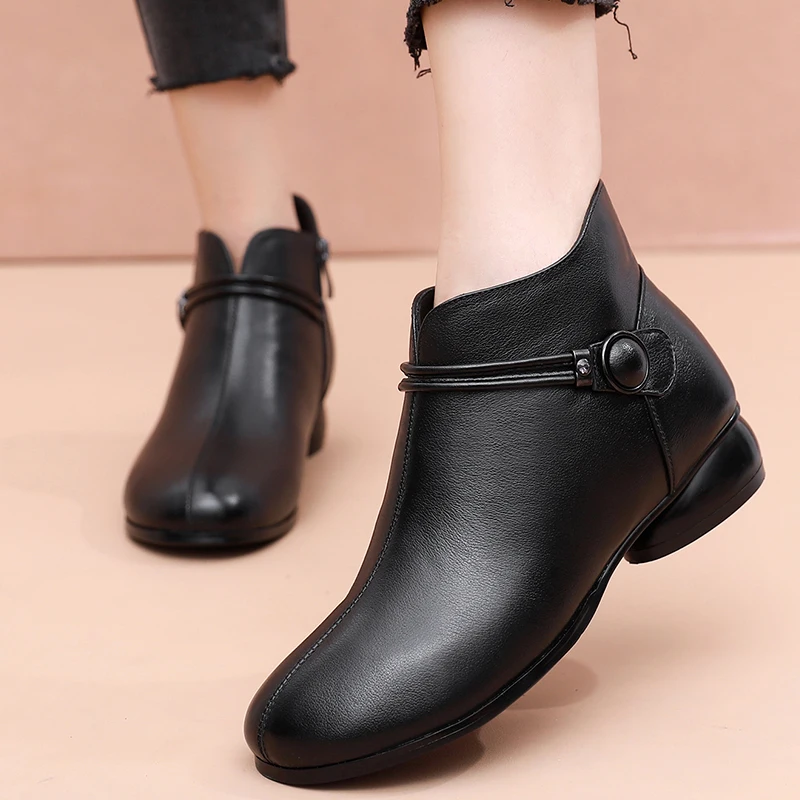 GKTINOO Autumn Winter Genuine Leather Low Heels Ankle Boots For Women Warm Boots Side Zipper Soft Comfortable Cow Leather Botas