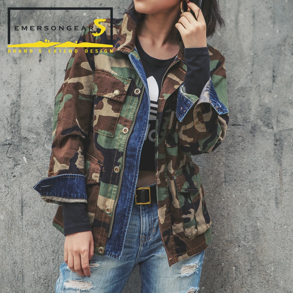 Emersongear Ladies Girls Coat Vintage Smart Jacket BDU Tactical Style Woodland  Denim Stitching Jacket Couple Dressing