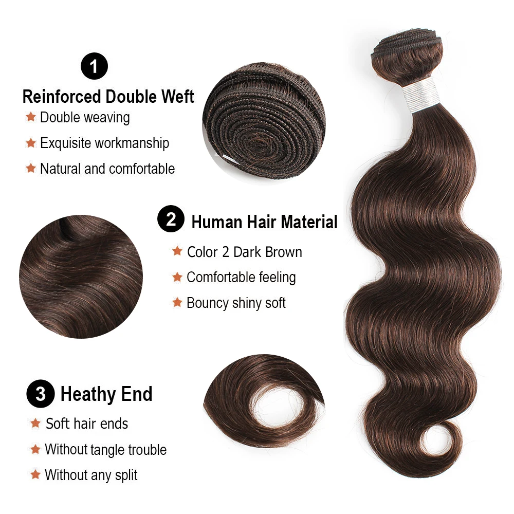 Body Wave-bundels met sluiting Transparant kant Kleur 2, donkerbruin Braziliaans voorgekleurd Remy-menselijk haarverlenging MOGUL HAIR