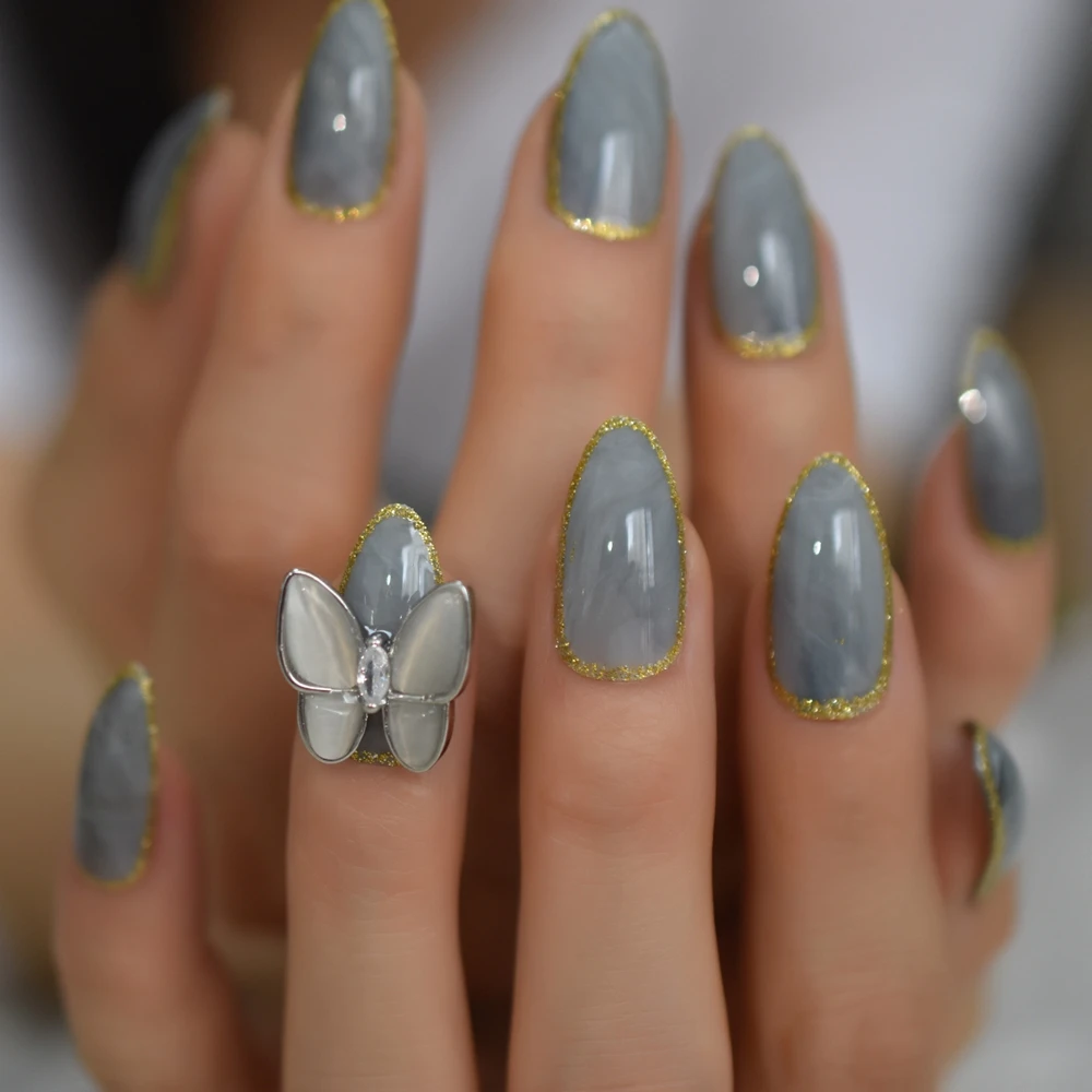 

Hot Alloy Butterfly Nail Art Designed False Nails Marble Medium Stilleto Press On Fingernails with Gold Line