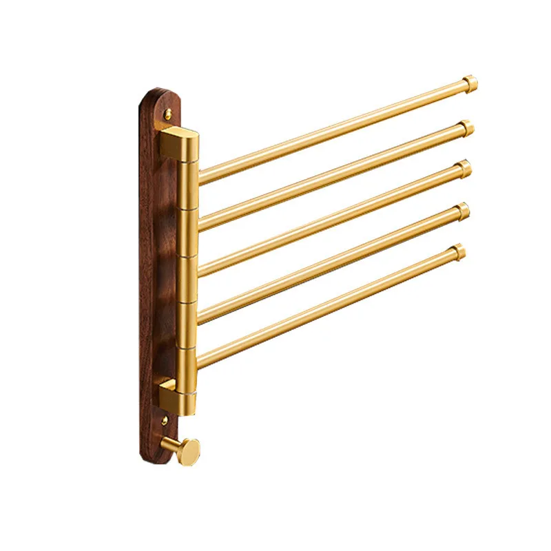 Tuqiu Swivel Towel Hanger Brushed Gold Wood Towel Bar Wall Mounted Folding Bathroom Towel Rail Rack Bathroom Towel Holder