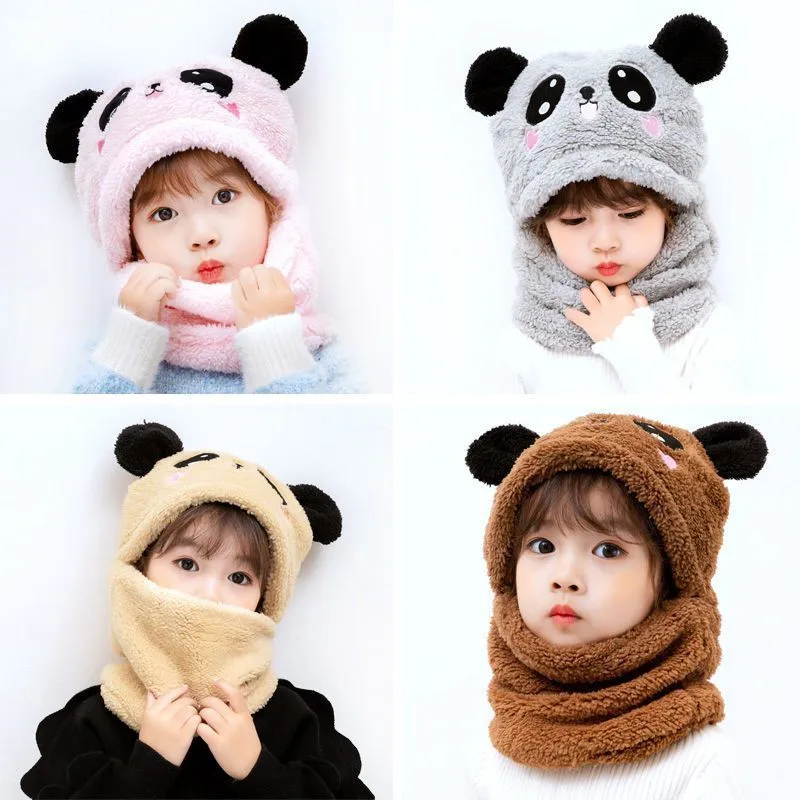 Winter children's hat plus velvet warm hat bib all-in-one pullover cap cute bear ears parent-child hat