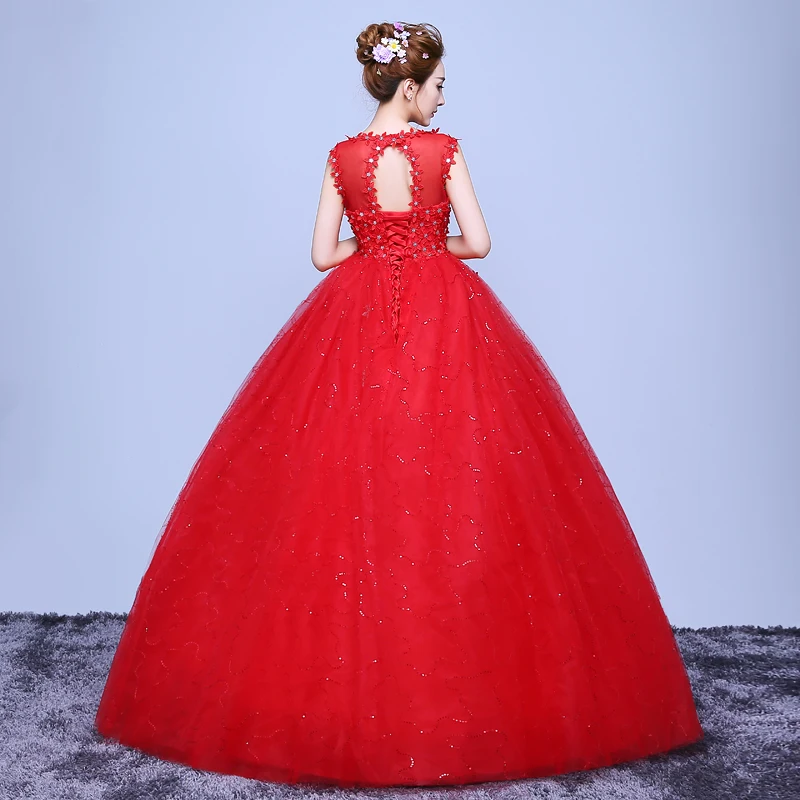 AnXin SH princess little flower red lace party vintage o neck illusion turkey ball gown beading red customized wedding dress