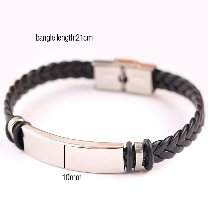 Stainless Steel Blank ID Tags Leather Bangles For Engrave Leather Braid Bracelet With Metal Plate Wholesale 50pcs