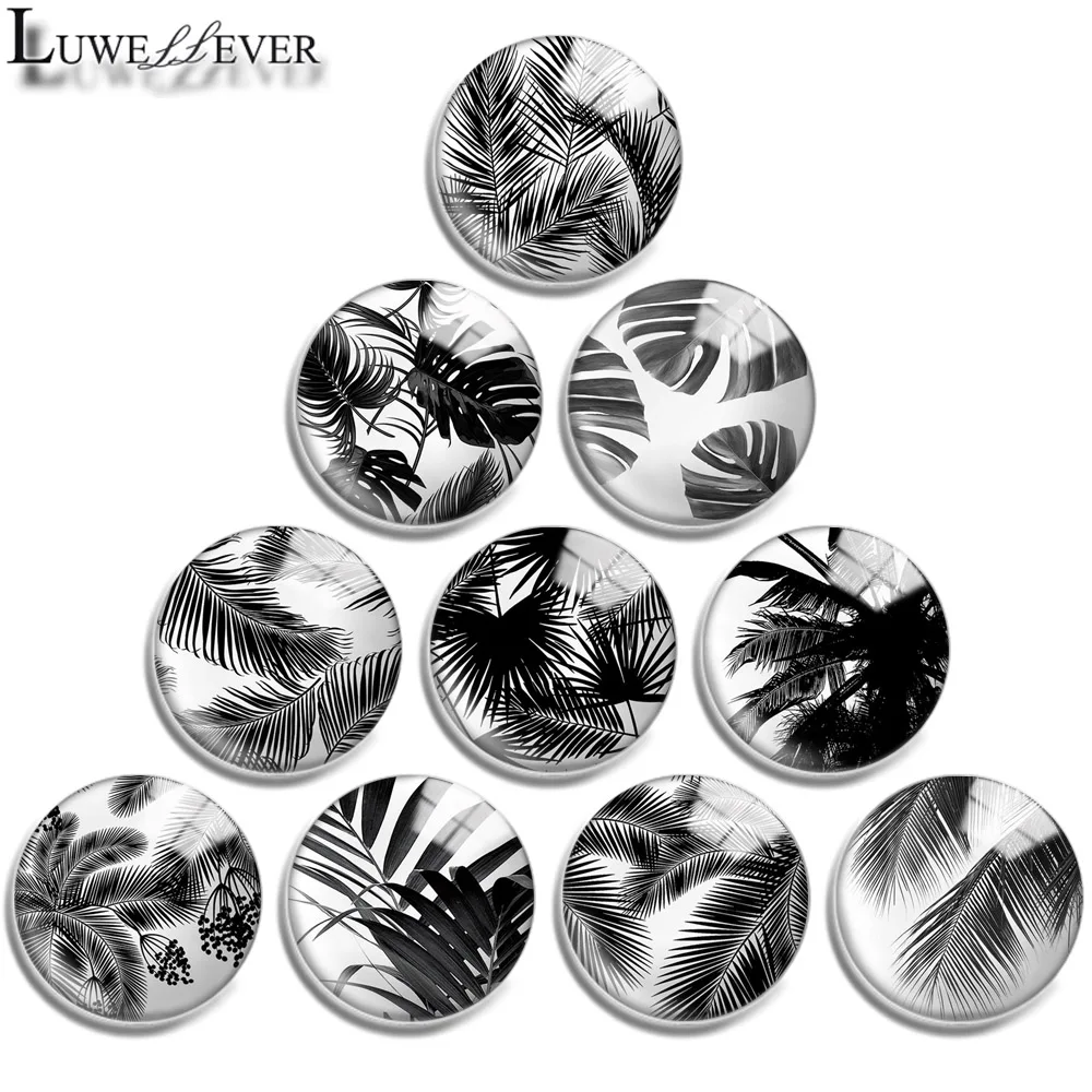 12mm 16mm 20mm 25mm 30mm 40mm 722 Black White Leaves Mix Round Glass Cabochon Jewelry Finding 18mm Snap Button Charm Bracelet