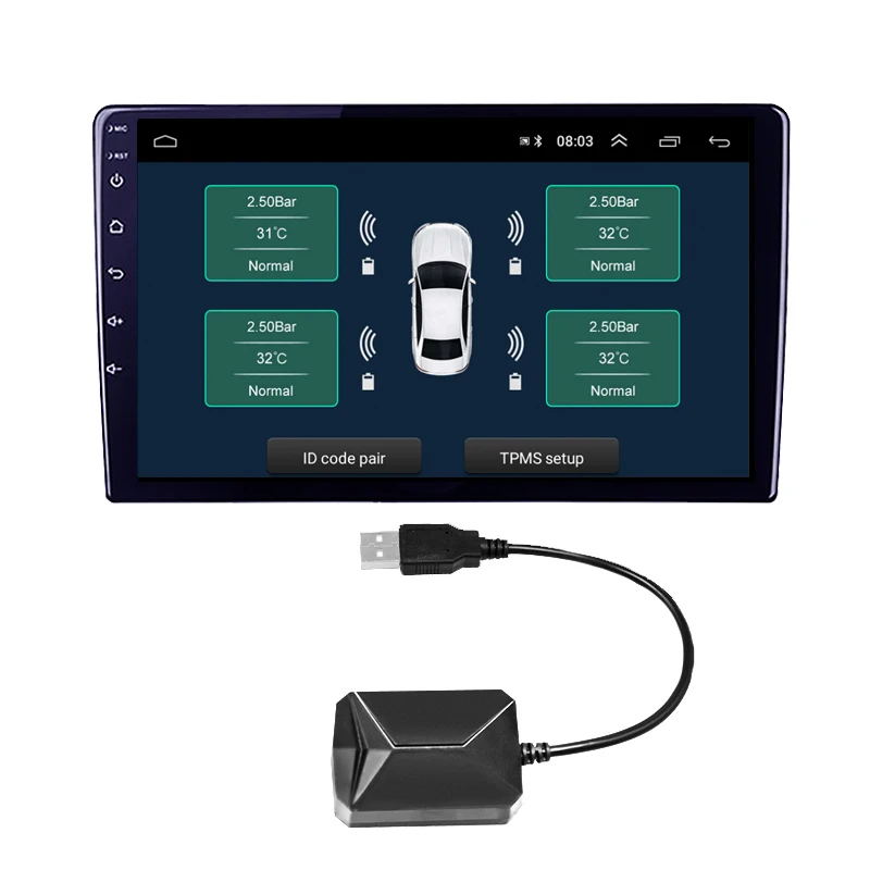 USB Android TPMS Tire Pressure Monitoring System Wireless Transmission 8 bar 116 psi Alarm System 5V Internal External