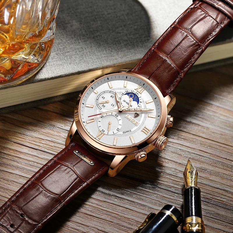 2021 New Mens Watches LIGE Top Brand Leather Chronograph Waterproof Sport Automatic Date Quartz Watch For Men Relogio Masculino