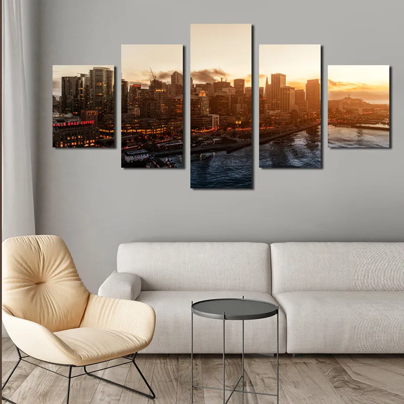 City Landscape Sunrise Golden Dawn And High-rise Building Frameless 5 Canvas Printed Posters Painting Living Room Decoration