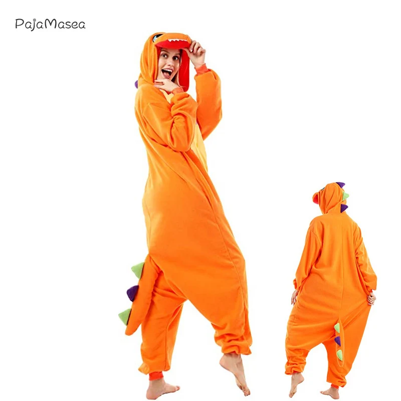 New Orange Dragon Men Onesie For Adult Fleece Women Girl Sleepwear Cartoon Anime Pajamasea Winter Cosplay Romper RaccoonKigurumi