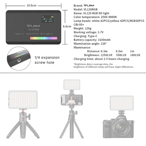 Imagen 2 del producto Ulanzi VL120 RGB cámara de vídeo luz Mini portátil 3100mAh fotografía iluminación Smartphone Vlog luz de relleno RGB luz de vídeo