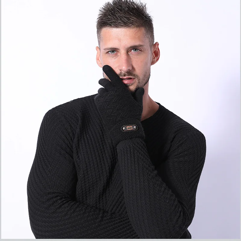 Fashion Winter Acrylic Wool Plus Plush Thick Jacquard Knit Warm Half Finger Mittens Men Full Finger Touch Screen Gloves C2