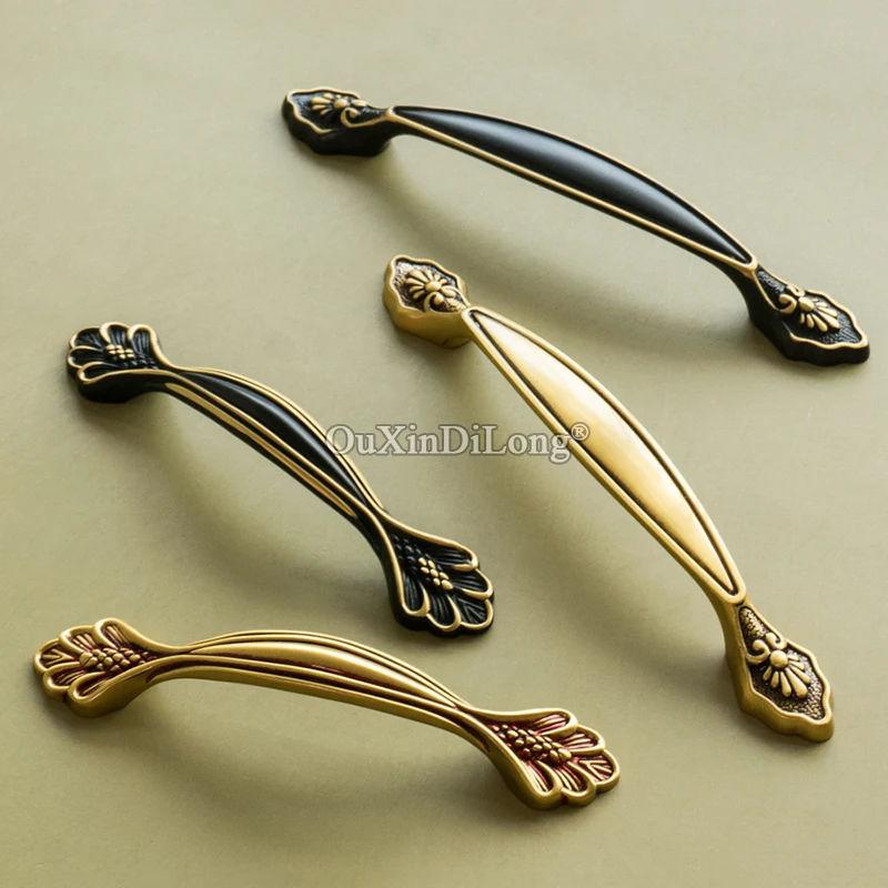 European 4PCS Solid Brass Carved Furniture Handles Drawer Pulls Cupboard Wardrobe Kitchen Shoe TV Cabinet Pulls Handles & Knobs