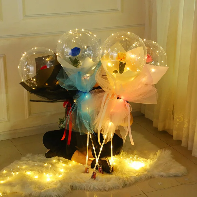 LED Luminous Balloon Rose Bouquet Transparent Bobo Ball Rose Valentines Day Gift Birthday Party Wedding Decoration Balloons