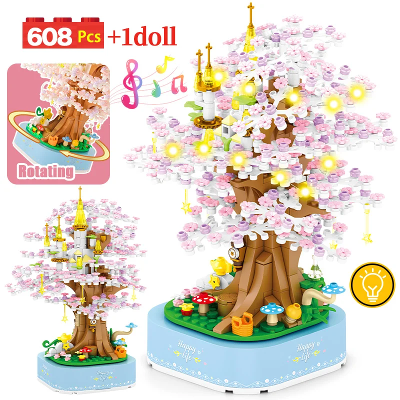 

City Friends Rotating Sakura Tree Music Box Building Blocks Home Furnishings Figures with Light Bricks Toys For Children Gifts