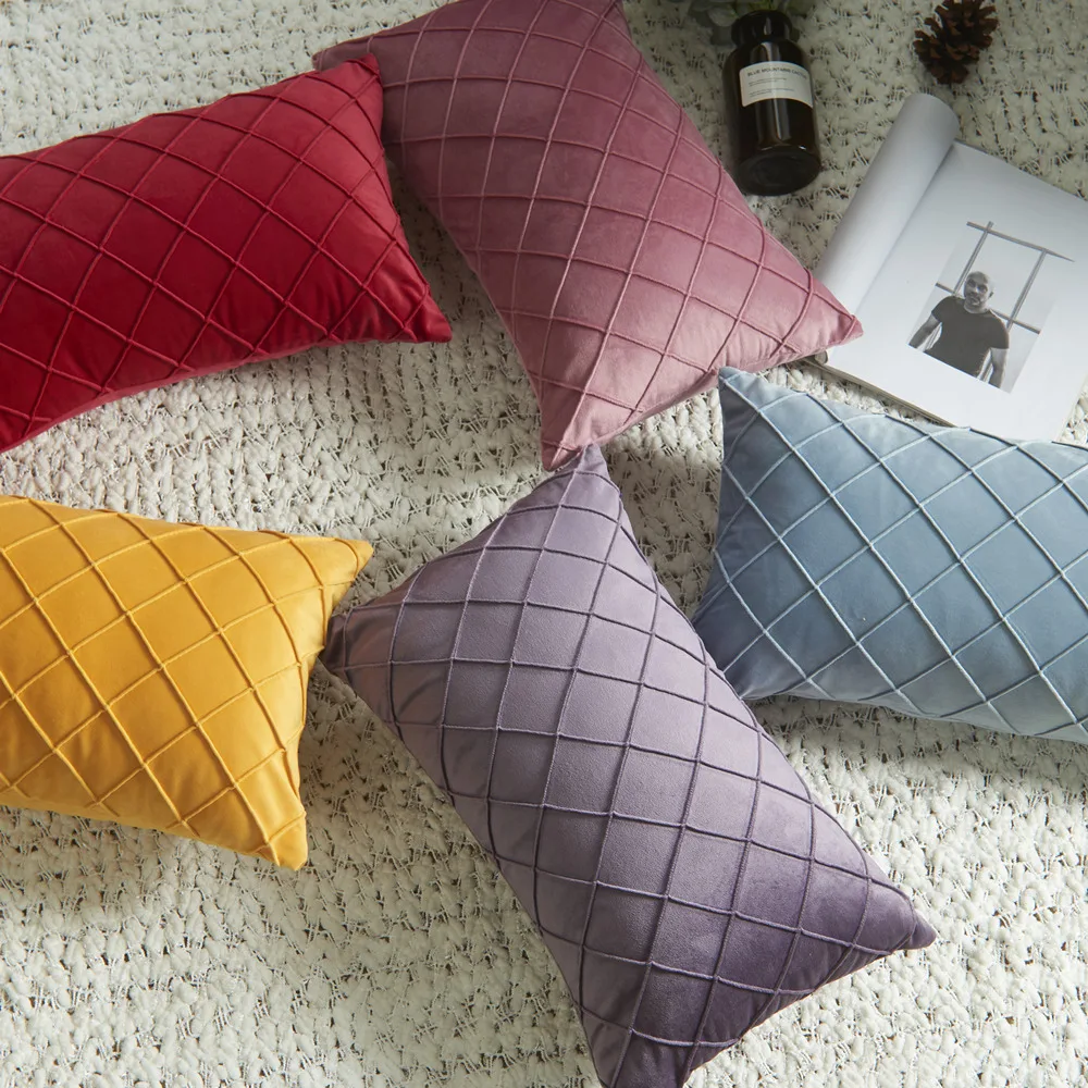 Superfine Velvet Cushion Cover Rhombus Grid Throw Pillow Covers Nordic Solid Square Pillow Case for Couch Bed Sofa Home Decor