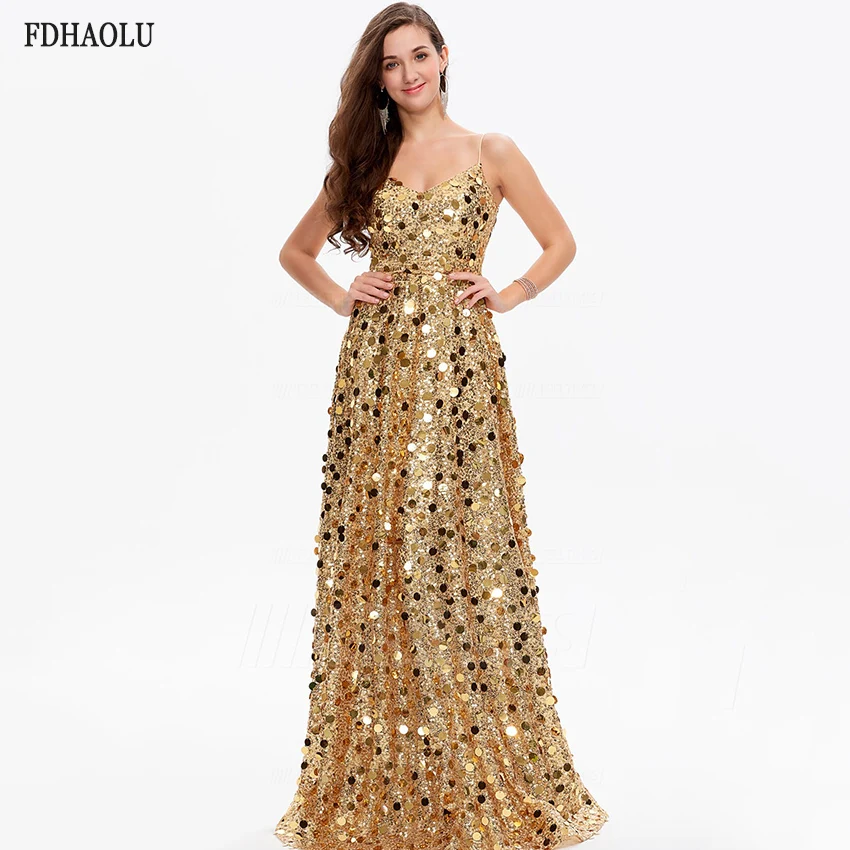 FDHAOLU AE138 Goldชุดราตรียาวเซ็กซี่สปาเก็ตตี้V-Neck Sequinedอย่างเป็นทางการParty Gowns Vestido De Gala