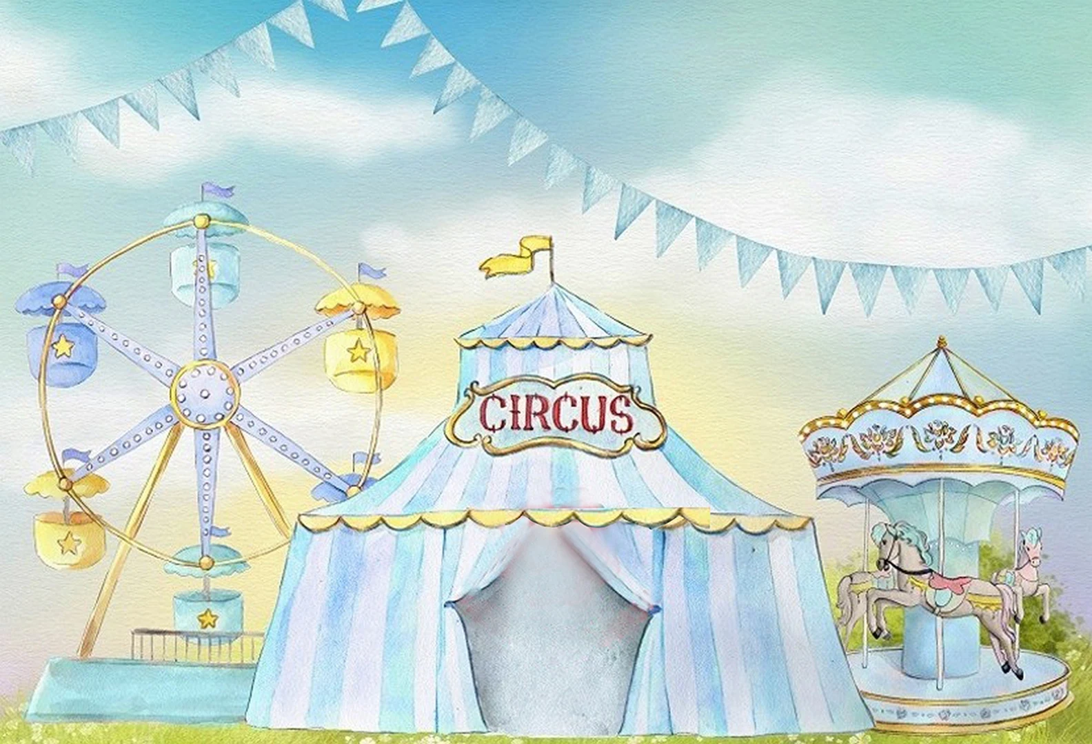 Carnival CIRCUS Backdrop Big Top Themed Clown Boy Birthday Party Banner Pastel Blue Tent Fun Fair Watercolor Photo Backgrounds