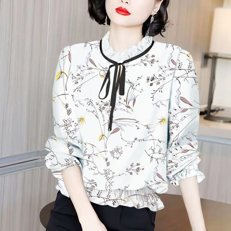 Lace Hollow Out Ruffles Chiffon Shirt 2023 Spring Autumn New Fashion Office Lady Print Blouses Casual Loose Oversized Blouse 5XL