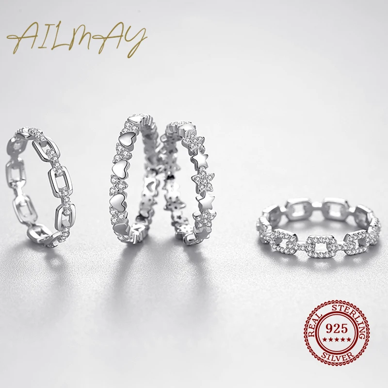 Ailmay 100% 925 Sterling Silver Simple Cadena Hueca Stackable Charm Finger Ring For Women Girls Party Accessories Jewelry