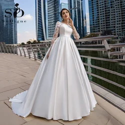 SoDigne Dubai Modest Wedding Dresses Lace Long Sleeve Satin Bride Dress With Belt Women Elegant Wedding Party Gowns Customized