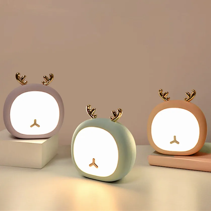 Luz LED nocturna creativa con carga USB, lámpara de conejo bonita, luz de mesa de alce regulable táctil, lámpara de noche para dormitorio de bebé y niño, regalo de Navidad