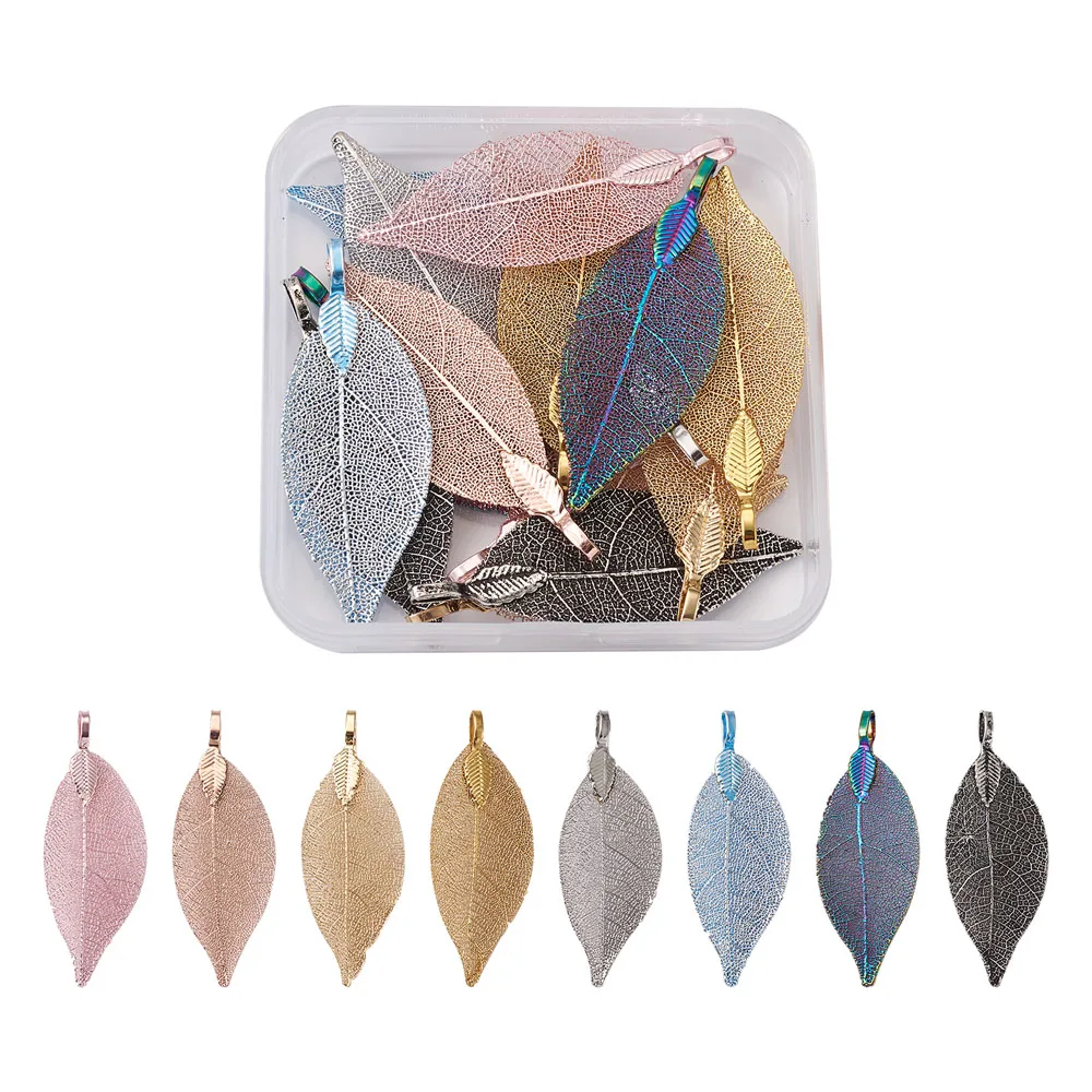 1Box Electroplated Natural Leaf Big Pendants Charms Mixed Color for DIY Handmade Jewelry Necklace Earrings Making Accessories