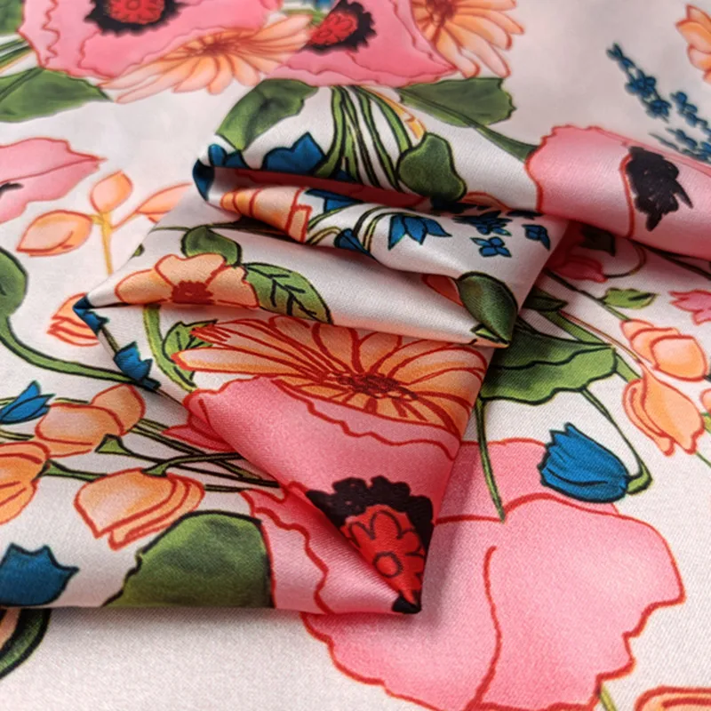 High-quality polyester satin dress shirt white poppy pattern meter custom fashion flower printed cloth diy sewing fabric