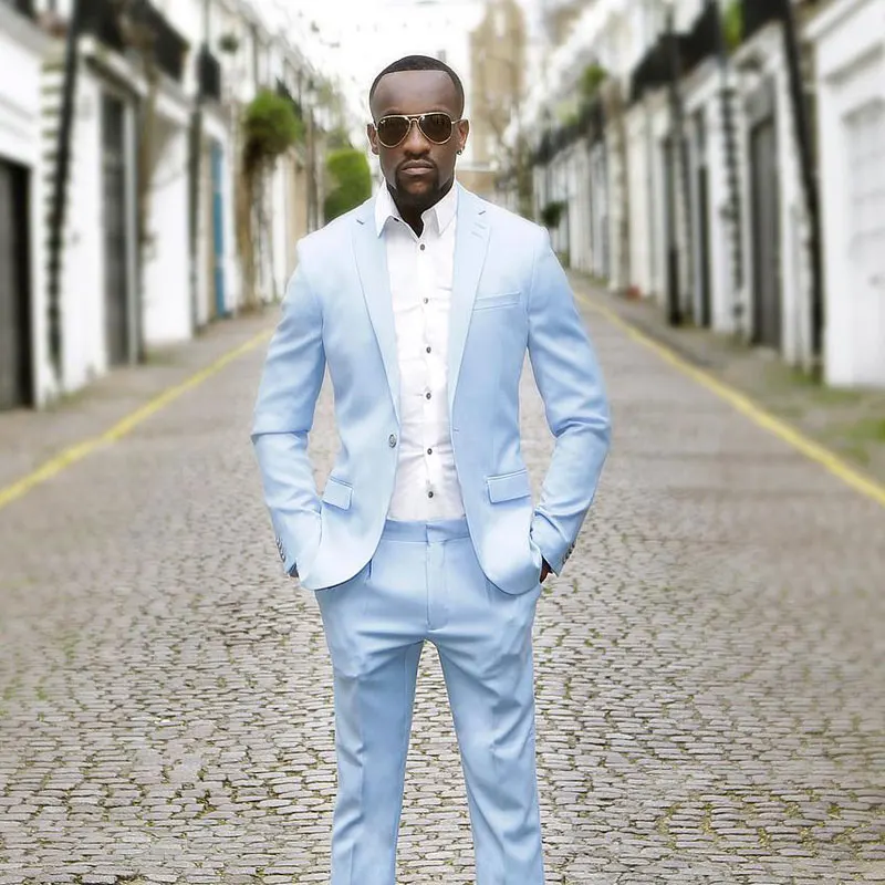

Light Sky Blue Slim Fit Men's Suit One Button Blazers Male Tuxedos Black Men Groom Wear Two Pieces Prom Jacket And Pants