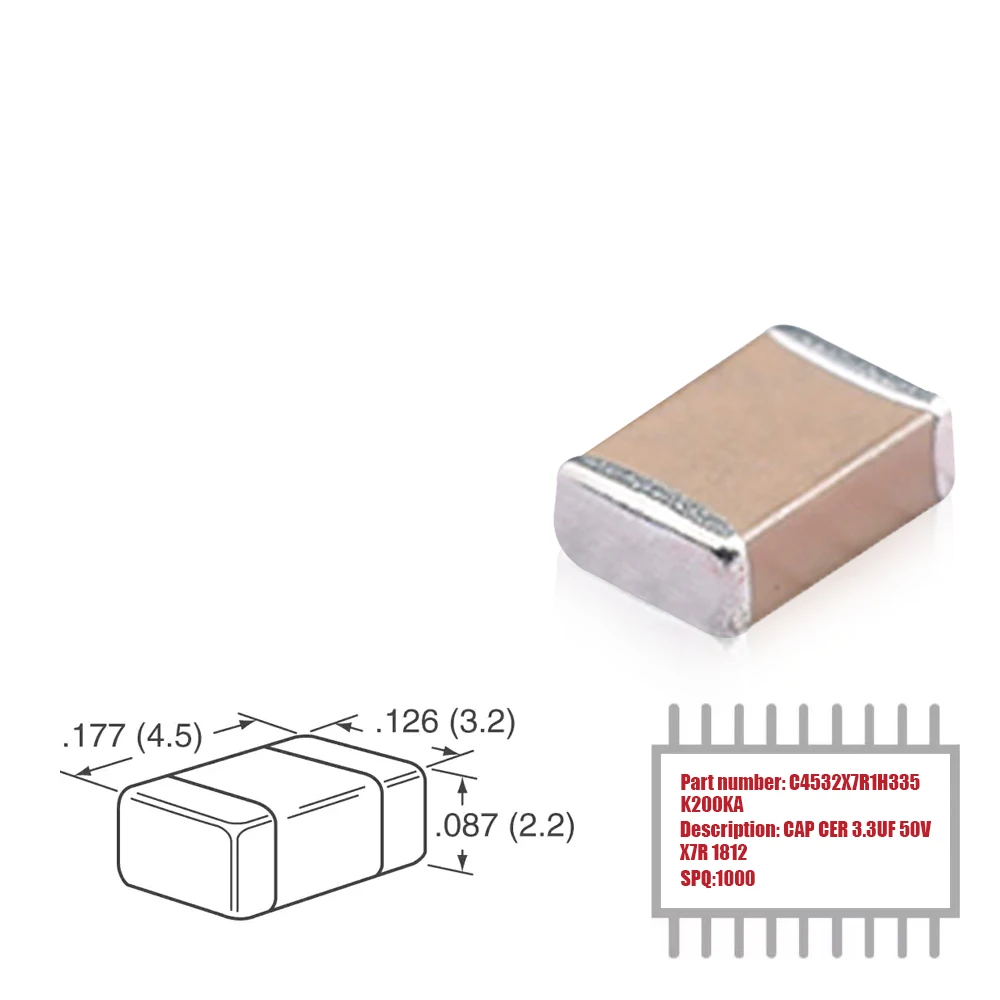 

MY GROUP Asia 1000PCS C4532X7R1H335KT000N 1812 SMD X7R 50V 3.3uF 10% MLCC Chip Ceramic Capacitor in Stock