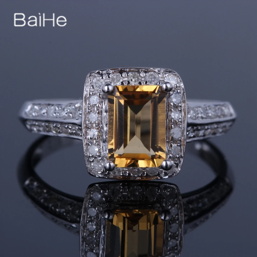 

BAIHE Solid 14K White Gold Natural Citrine Diamond Square rings for women Engagement Trendy Fine Jewelry anillos mujer bague