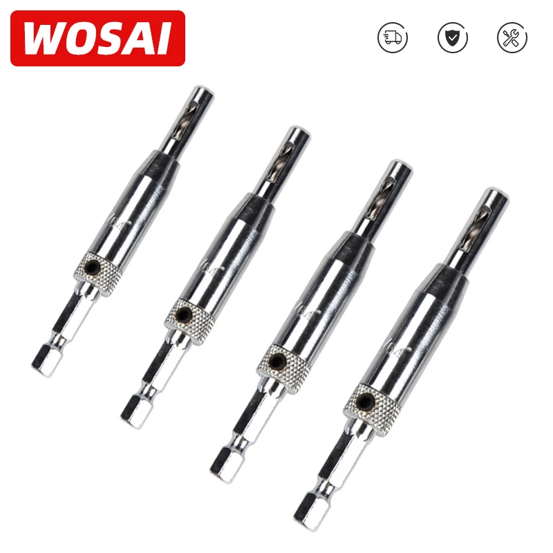 WOSAI 4pcs Core Drill Bit Set Hole Puncher Hinge Tapper for Doors Self Centering Woodworking Power Tools 5/64 7/64 9/64 11/64