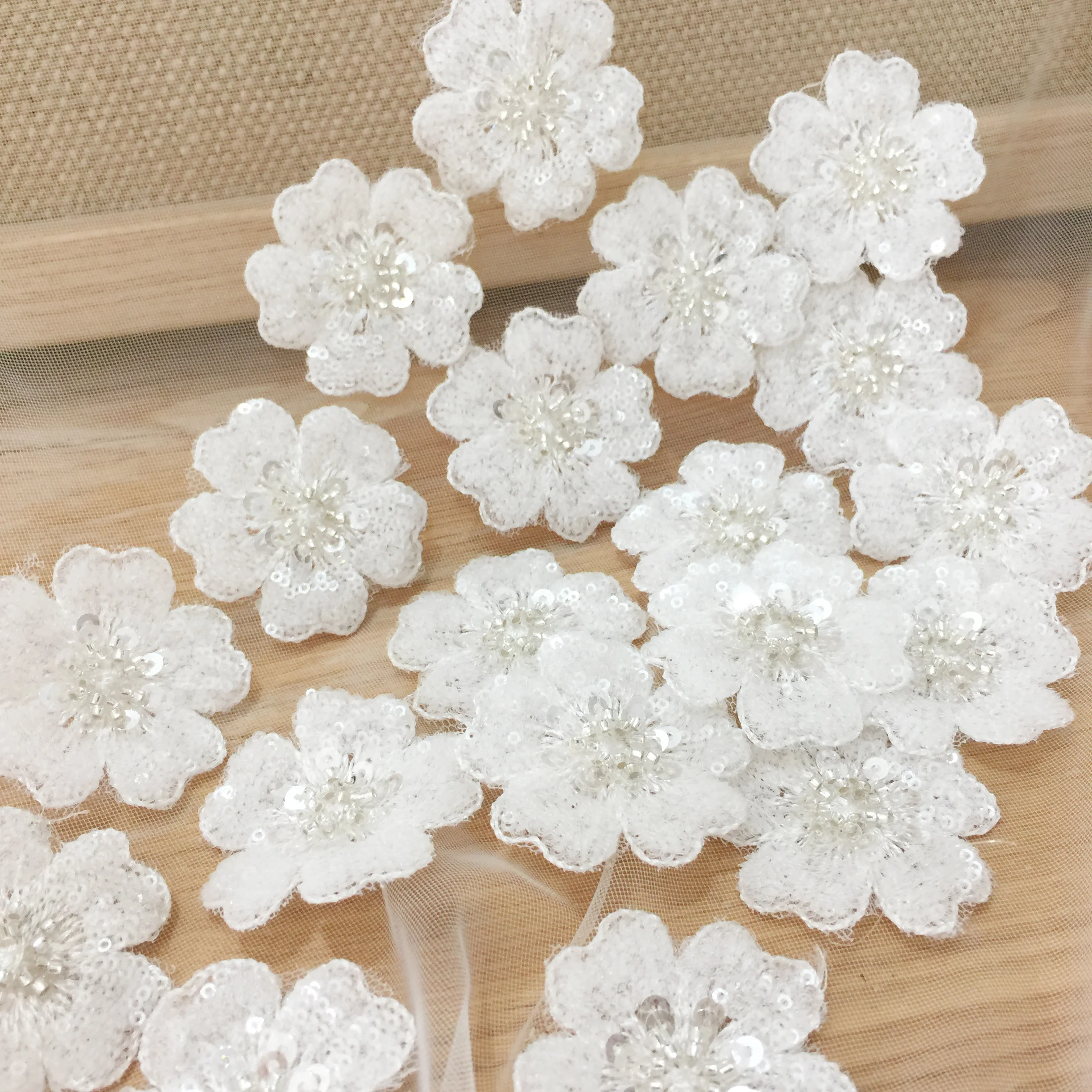 50 Pieces Off White 3D Sequin Beaded Lace Applique Flower Patch Motif Veil Bodice DIY Craft Supply 5cm Diameter