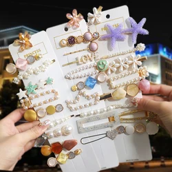 Fashion Hair Clips Pins Acrylic Geometric Pearl Crystal Hair Accessories For Women Girls Flower Leaf Starfish Hair Barrettes Set