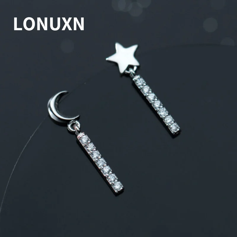 

High Quality 925 Sterling Silver Earrings Zircon Star Moon Asymmetric Tassel Earrings for Women Tassel Cute Earrings Lovers Gift